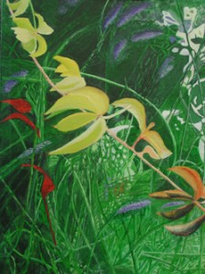 photograph of my jungle dreams painting created in acrylics using predominatly greens yellows reds blues and whote